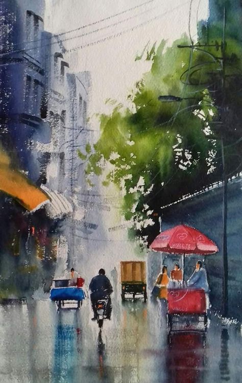 Season Painting Ideas, Rainy Season Painting, Season Painting, Rainy Day Drawing, Urban Sketches, Artistic Pictures, Nice Quotes, Watercolor Paintings Easy, 수채화 그림