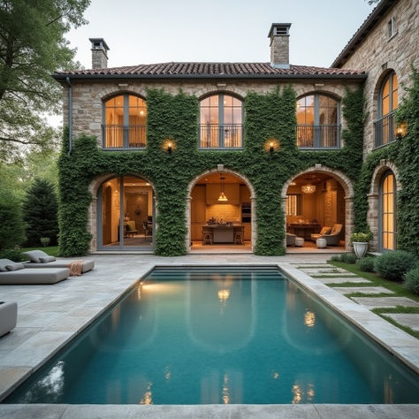 dream house with large windows, arches, high ceilings, lots of natural light, french style, STONE EXTERIOR, IVY GROWING ON WALLS, pool House With Arches Outside, House With Arches, House With Large Windows, Lots Of Natural Light, Stone Exterior, Exterior Stone, High Ceilings, Pool House, Large Windows