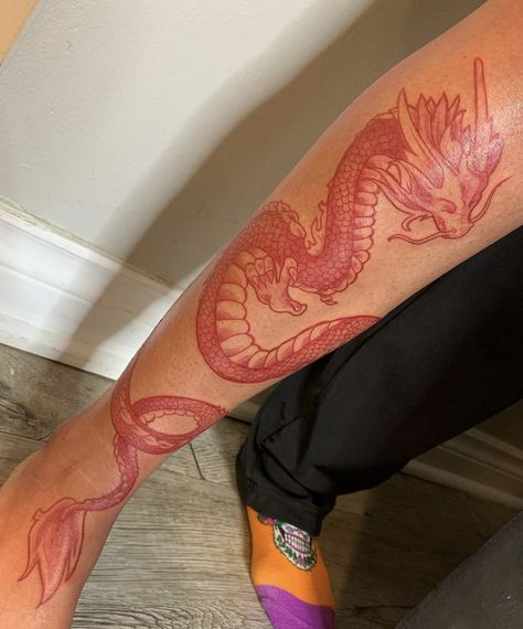 Dragon Calf Tattoos For Women, Dragon Around Leg Tattoo, Dragon Shin Tattoo, Red Leg Tattoo, Dragon Calf Tattoo, Dragon Tattoo Calf, Dragon Tattoo Leg, Dragon Thigh Tattoo, Dragon Tattoo Arm