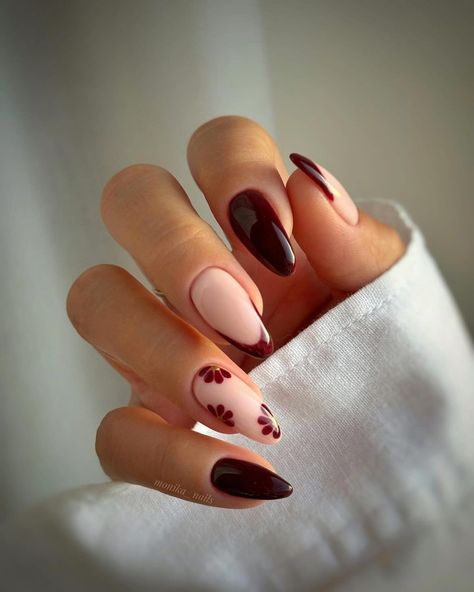 Monika Mrózek (@monika__nails) • Instagram photos and videos Fall Fall Nails, Funky Autumn Nails, Burgundy Autumn Nails, Nude And Burgundy Nails, Autumn Manicure Fall Nails Ideas, Nail Designs For Thanksgiving, Girly Fall Nails, Burgundy Nails With Design, Beachy Nail Ideas