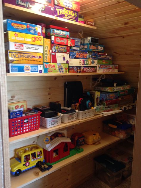 My granny closet second pic! Toy room and game storage using the wasted space under my stairs. Game Closet Shelving, Under The Stairs Shelving, Under Stairs Storage Toys, Under The Stairs Toy Storage, Under Stair Organization, Under Stairs Closet Organization Ideas, Under Stairs Organization Ideas, Under Stair Toy Storage, Under Stairs Toy Room