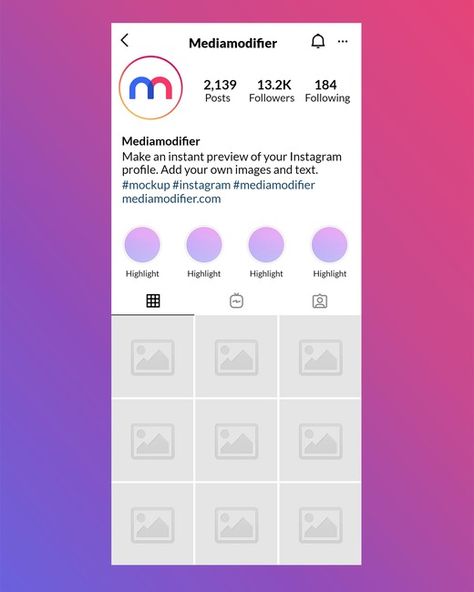 Mockup generator template for an Instagram profile page, as viewed from a mobile device. Instagram Profile Mockup, Instagram Mockup Template, Facebook Page Template, Instagram Profile Page, Instagram Profile Template, Instagram Branding Template, Instagram Mockup, Valentine Template, Social Media Mockup