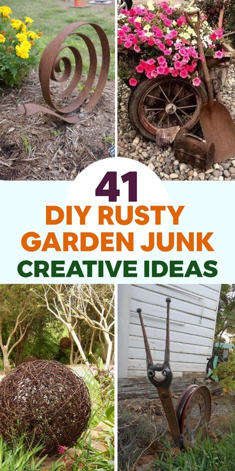 Transform your garden with creative DIY projects using old rusty items. Upcycle an outdated metal chair into a one-of-a-kind plant stand by repurposing it with an upcycled planter. Breathe new life into a worn-out bicycle by converting it into a charming flower display for your outdoor space. Get artistic and craft a unique rusty metal sculpture by welding together salvaged pieces. Creative Plant Stands Outdoor, Outdoor Plant Stand Ideas, Old Metal Chairs, Recycled Garden Planters, Rusty Junk, Old Door Projects, Spiral Garden, Pebble Garden, Rusty Garden