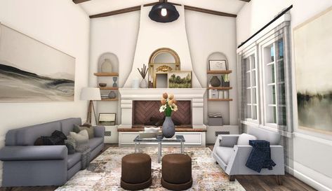 Realistic House Interior Bloxburg, Realistic Interior Bloxburg, Bloxburg Appartement Ideas, Modern Farmhouse Bathroom Bloxburg, Bloxburg Realistic Living Room Ideas, Bloxburg Farmhouse Interior Ideas, Bloxburg Fireplace Ideas, Bloxburg Realistic Living Room, Realistic Bloxburg House Interior