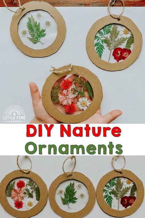 Homemade Cardboard and Nature Ornaments • Little Pine Learners Prek Nature Crafts, Nature Faces Craft, Nature Art Projects For Toddlers, Spring Toddler Learning Activities, Nature Paper Craft, Gifts Made From Nature, Homemade Nature Ornaments, Things To Make From Nature, Nature Toddler Crafts