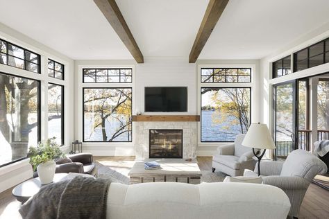 Gorgeous farmhouse style on Lake Minnetonka with nautical accents Sunroom Remodel, 4 Season Room, Four Seasons Room, Sunroom Decorating, Sunroom Designs, Lake House Plans, White Oak Floors, Black Windows, Room Additions