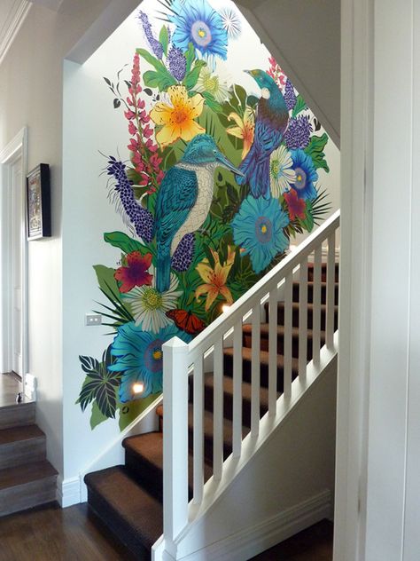 Stairway Art, Stairwell Wall, Bedroom Mural, Yard Art Crafts, Mural Inspiration, Interior Murals, Staircase Wall, Diy Accent Wall, Nz Art