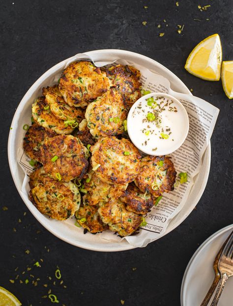 Dairy Free Zucchini Fritters, Courgette Fritter, Sweet Potato Kale, Creamy Potato Soup, No Dairy, Yogurt Dip, Zucchini Fritters, Light Snacks, Zucchini Fries