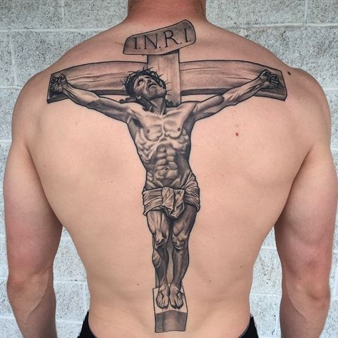 His first tattoo. Healed. #jesus #cross #crucifix #christian #backpiece #tattoo #back #blackandgrey #marquette #michigan | Instagram post from Dan Pemble (@danpemble) Crucifixion Tattoo, Jesus On Cross Tattoo, Religous Tattoo, Crucifix Tattoo, Fist Tattoo, Mother Mary Tattoos, Tattoos On Back, Backpiece Tattoo, Hard Tattoos