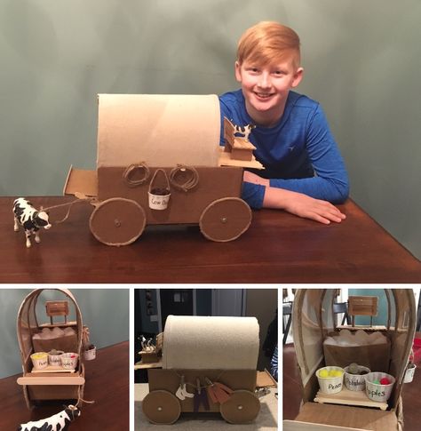 Oregon Trail Covered Wagon creates with my grandson for a school project with things we found around the house. Cardboard box, twine, popsicle sticks, 4 bolts w/nuts, a piece of plexiglass, an old piece of canvas, glue gun and miscellaneous items from their craft box. And some imagination! Covered Wagon School Project, Oregon Trail Wagon Project, Covered Wagon Project Kids, 4th Grade Projects, Oregon Trail Project, Covered Wagon Project, Covered Wagon Craft, Pioneer Activities, Baptismal Covenants