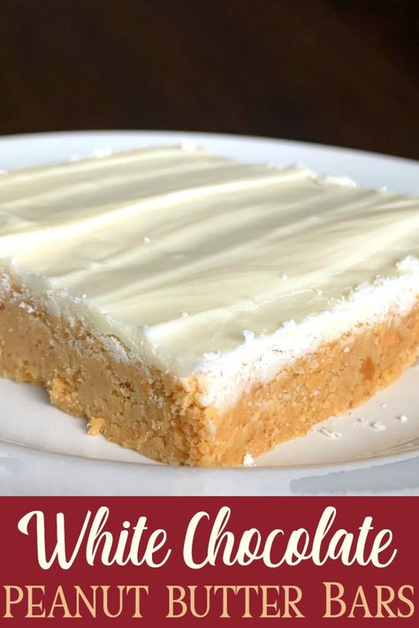 White Chocolate Peanut Butter Bars taste like a white chocolate peanut butter cup.  This is one of the BEST no-bake dessert recipes that only has 6 ingredients and can be made in 10 minutes at home. A sweet, crunchy peanut butter and graham cracker base topped with melted white chocolate is simply irresistible! #easydessert #whitechocolate White Chocolate Recipes Easy, White Chocolate Peanut Butter, Peanut Butter White Chocolate, White Chocolate Desserts, Chocolate Peanut Butter Bars, Melted White Chocolate, White Chocolate Frosting, White Chocolate Recipes, Crunchy Peanut Butter