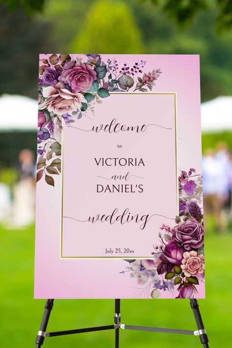 Lavender purple vintage roses floral wedding welcome sign board Wedding Boards Signs Entrance, Purple Welcome Sign, Lavender Engagement, Floral Wedding Sign, Wedding Boards, Pink Roses Wedding, Wedding Welcome Board, Wedding Mirror, Wedding Newspaper