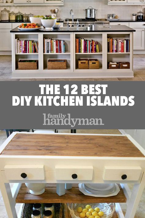 The 12 Best DIY Kitchen Islands Kitchen Island Ideas Rustic Farmhouse, Island Ideas For Kitchen Small, Kitchen Island Bookshelf Ideas, Baking Island Kitchen, Adding Shelves To Kitchen Island, Kitchen Island Diy Cabinets, Kitchen Island Upcycle, Diy Vintage Kitchen Island, Diy Island With Stove