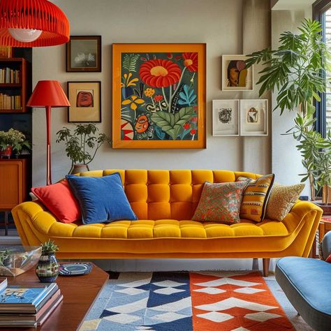 The Art of Mixing Styles in a Mid Century Modern Eclectic Living Room • 333+ Art Images Mod Century Modern Home, Colorful Mid Century Modern Living Room, Eclectic Mid Century Modern, Mid Century Modern Eclectic, Modern Eclectic Living Room, Living Room Decor Eclectic, 60s House, Colorful Mid Century Modern, Inspiring Lifestyle