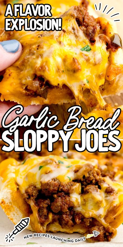 Sloppy Joe Stromboli, Sloppy Joe Garlic Bread Recipe, Elevated Sloppy Joe, Garlic Bread Sandwich Recipes, Sloppy Joe Garlic Bread, Sloppy Joe Sides, Manwich Sloppy Joes, Garlic Bread Sloppy Joes, Daycare Recipes