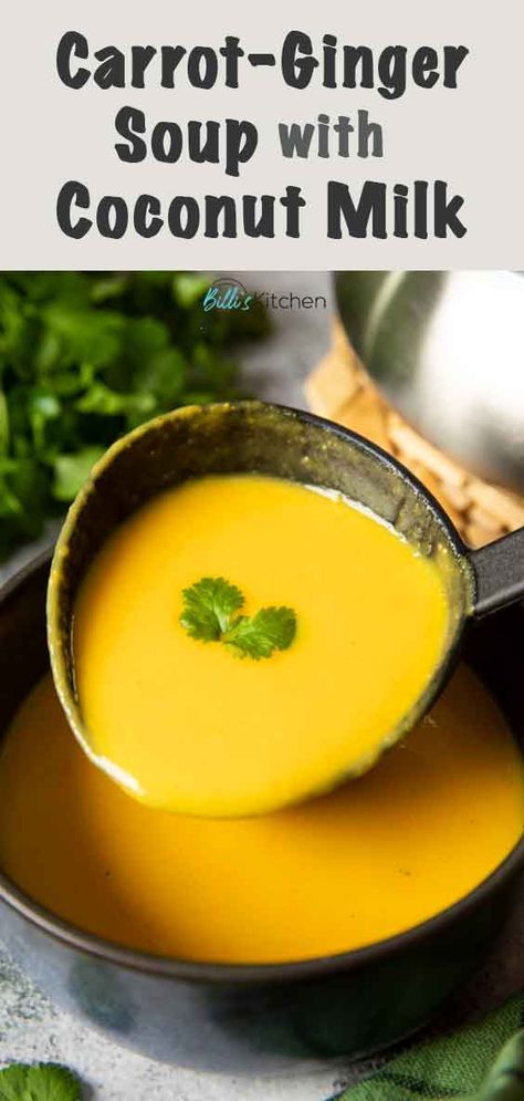 Deliciously complex in flavor --- that's what you'll get in every serving of this creamy Carrot Ginger Soup with Coconut Milk. Slightly sweet, slightly spicy, and it only takes thirty minutes to prepare! Carrot Ginger Soup Coconut Milk, Carrot Ginger Coconut Soup, Soup Coconut Milk, Carrot Ginger Soup Recipe, Soup With Coconut Milk, Coconut Milk Soup, Carrot Ginger Soup, Ginger Soup, Coconut Milk Recipes