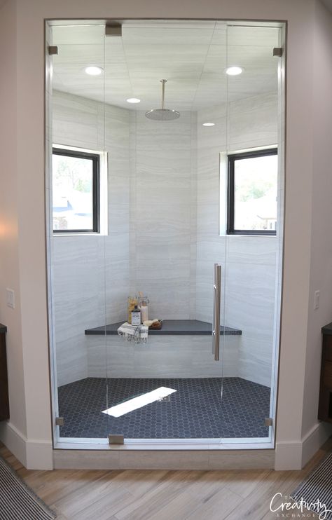 Corner Shower Ideas With Window, Corner Shower With Window Master Bath, Corner Shower With Two Shower Heads, Corner Shower Double Head, Bathroom Windows In Shower Ideas, Master Bath With Corner Windows, Large Window In Shower Ideas, Corner Master Shower Walk In, Odd Shaped Shower Ideas