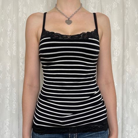 Y2K 2000s Black & White Striped Twilightcore Vampire Girlfriend Cami #2k #2000s #2000sfashion #2kfashion #dainty #cami #twilightcore Rose Hart, Vampire Girlfriend, Country Jeans, Mcbling Fashion, Amelia Rose, 2000s Clothes, Style Bundle, Scene Outfits, Black Lace Trim