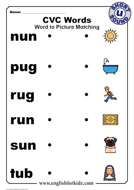 CVC words with pictures - printable worksheets for kindergarten and elementary school U Sound Words Worksheet, Short U Worksheets, Short I Worksheets, Phonics Chart, Cvc Worksheets, Cvc Words Worksheets, Phonics Cards, Cvc Words Kindergarten, Cvc Word Activities