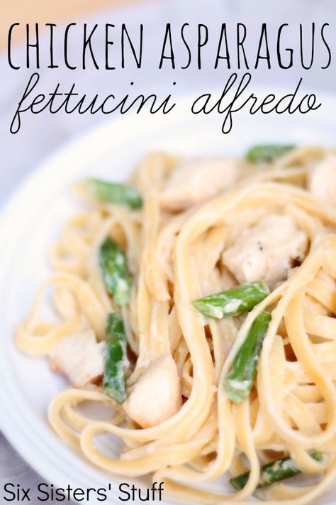 Chicken Asparagus Fettucini Alfredo from SixSistersStuff.com.  A delicious meal that only takes a few minutes to throw together!  Your whole family will want seconds! #recipes #pasta #chicken Fettucini Alfredo Recipe, Fettucini Alfredo, Fettuccine Alfredo Recipes, Six Sisters Stuff, Chicken Asparagus, Alfredo Recipe, Fettuccine Alfredo, Tasty Pasta, Chicken Alfredo