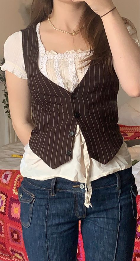 Waistcoat Layering Outfit, Y2k Academia Outfit, Grunge Waistcoat Outfit, Pinstripe Top Outfit, Pinstripe Flares Outfit, Pinstripe Waistcoat Outfit, 90s Waistcoat Outfit, 90s Bootcut Jeans Outfit, How To Style Waistcoat Women