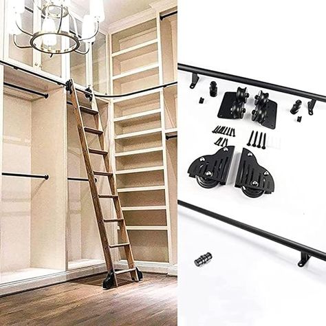 Amazon.com: Rolling Library Ladder Rail Kit Sliding Hardware Rolling Library Kit(No Ladder), Round Tube Mobile Ladder Rail Garage Closet Carbon Steel Track System Wall Mount Kit ( Size : 6.6ft/200cm Track Kit ) : Tools & Home Improvement Ladder For Closet Walk In, Diy Library Ladder Rail, Ladder In Closet, Closet Ladder Ideas, Ladder Closet, Diy Library Ladder, Industrial Jungle, Closet Ladder, Library Ladders Rolling