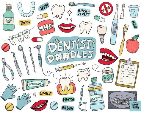 Hand drawn doodle dentist and medical clipart bundle. Includes hand illustrated dentist equipment, teeth, braces, tooth, smile, lips, mothwash, hygiene, toothpast dental floss, dentist's mirror, drill, medical gloves, dental guard, dentures, x-ray, toothbrush and other stomatology and healthcare doodle illustrations. Each image is hand drawn and then colored digitally combining doodle charm with vibrant digital colors. Dentist Doodle, Dentist Drawing, Dental Drawings, Dentist Equipment, Braces Dentist, Doodle Illustrations, Teeth Doctor, Dentist Art, Teeth Drawing