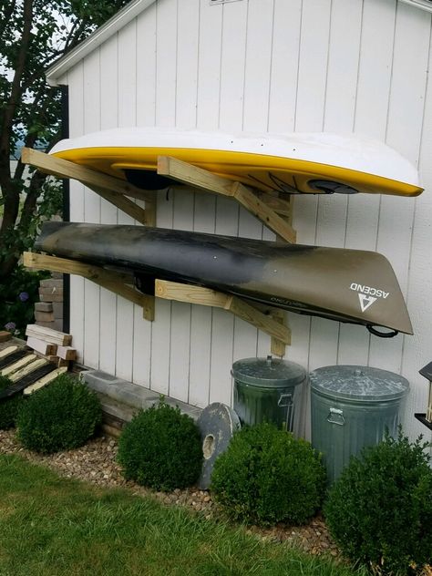 Kayak rack Backyard Organization Ideas, How To Store Kayaks, Kayak Storage Ideas, Kayak Storage Racks Outdoor Diy, Diy Kayak Storage Rack, Canoe And Kayak Storage Rack, 2 Kayak Rack Diy, Kayak Holder, Diy Kayak Storage