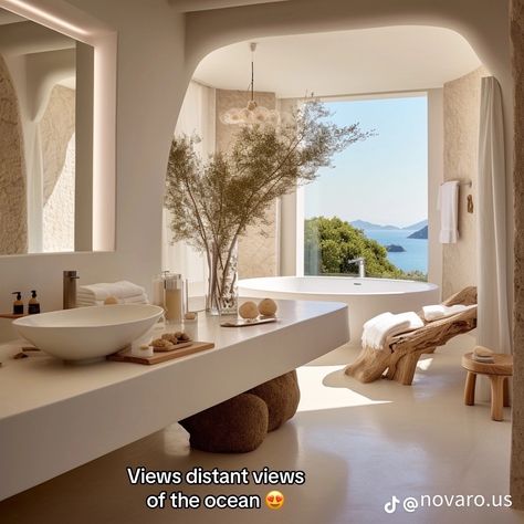 Mykonos House Interiors, Meditarian Bathroom, Mediterranean Bathroom Decor, Modern Mediterranean Bathroom, Mediterranean House Interior, Modern Beach Home, New House Bathroom, Mediterranean Interior, House Interior Design Styles