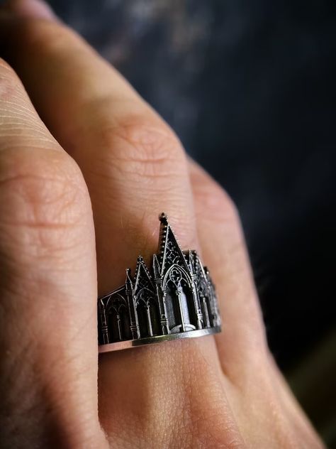 Sterling Silver Gothic Ring, Vintage Ring, Medieval Jewelry, Cathedral Ring, Uniquely Designed Wedding Ring, Holiday Gift - Etsy Goth Wedding Gifts, Goth Jewelry Rings, Goth Silver Jewelry, Cool Rings For Women, Goth Wedding Bands, Gothic Architecture Jewelry, Gothic Engraved Wedding Rings, Gothic Silver Jewelry, Medieval Style Wedding Ring Jewelry