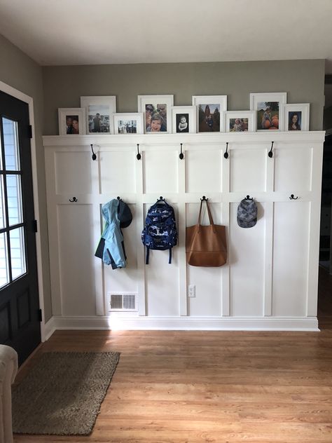 Mudwall Ideas, Entryway Ideas Bench And Hooks, Long Mud Room Ideas, Flat Mudroom Wall, Floor Decor Bathroom Tile, Board And Batten Wall With Shoe Storage, Board And Baton Entryway, Board And Batten Entryway With Hooks, Front Entry Drop Zone