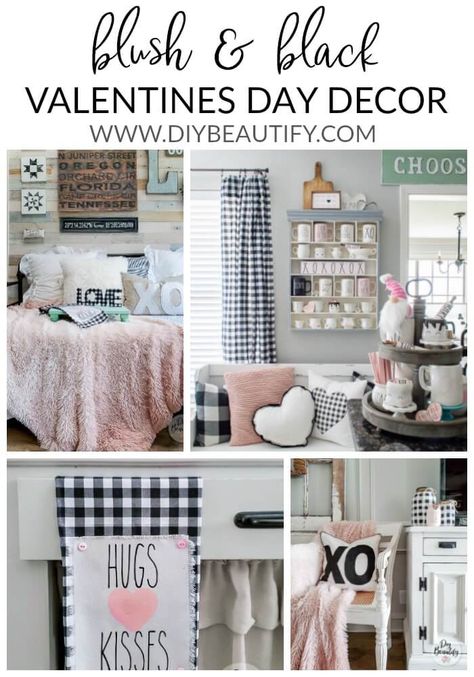 Blush and Black Farmhouse Valentines Decor | DIY beautify - Creating Beauty at Home Pink Valentines Decor, Mini Boxwood Wreath, Valentine Craft Gifts, Farmhouse Valentine Decor, Foyer Ideas Entryway, Valentines Bricolage, Buffalo Plaid Decor, Rustic Valentine, Felt Pillow