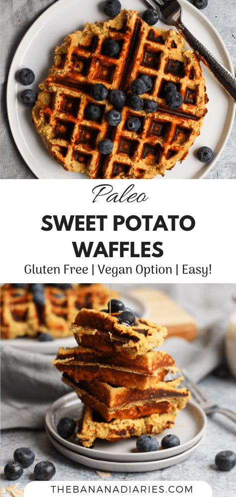 Paleo Sweet Potato Waffles, Whole 30 Sweet Potato Waffles, Gluten Free Sweet Potato Waffles, Vegan Sweet Potato Waffles, Sweet Potato Waffle Recipe, Whole30 Waffles, Sweet Potato Waffles Healthy, Paleo Sweet Potato Breakfast, Potato Waffle Recipe