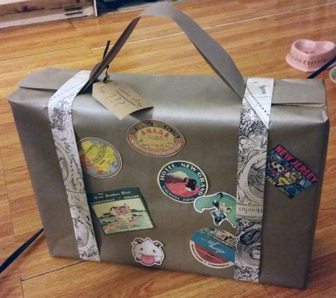 Suitcase Gift Wrapping, How To Wrap Luggage As A Gift, Travel Theme Bridal Shower, Creative Wrapping, Black Wrapping Paper, Camping Theme Party, Wrap Ideas, Wrapping Gifts, Travel Theme