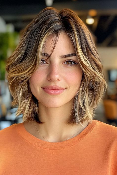 Bold Face-Framing Bob with Blonde Highlights, layered bob haircut Face Framing Highlights Bob, Medium Length Hair With Face Framing, Bob With Face Framing Layers, Blonde Face Framing Highlights, Bob With Blonde Highlights, Layered Bob Haircut, Face Framing Highlights, Chin Length Cuts, Balayage Bob