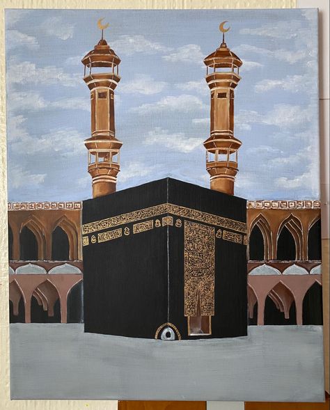 Kabaa Drawings, Mecca Painting Acrylic, Kabbah Makkah Drawing, Kaba Sharif Painting On Canvas, Kaabah Makkah Drawing, Mosque Canvas Painting, Islamic Paintings Canvases, Kaaba Painting Canvas, Kaba Drawing