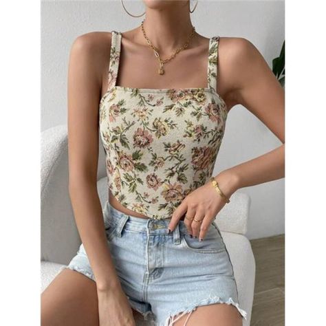 -Color: Multicolor -Style: Boho -Pattern Type: Floral, All Over Print -Type: Wide Strap -Neckline: Straps -Details: Asymmetrical, Zipper -Hem Shaped: Asymmetrical -Length: Crop -Fit Type: Slim Fit -Fabric: Non-Stretch -Material: Woven Fabric -Composition: 100% Polyester -Care Instructions: Machine Wash Or Professional Dry Clean -Sheer: No Ships In 7-10 Days S = 2/4, M = 6/8 L=10/12 0x=12 1x=14 2x=16 3x=18 4x=20 Boho - Wedding - Chic - Glam - Modern - Vintage - Streetwear - Casual - Elegant - Tre Tops For Women Stylish, Tops Bonitos, Cute Tops For Women, Polished Casual, Couture Runway, Floral Jacquard, Vintage Streetwear, Tops For Women, Cami Tops