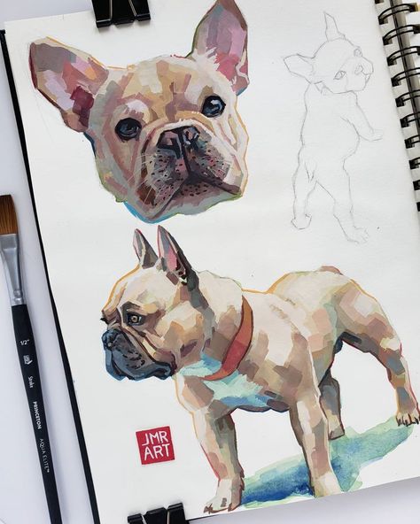 Jordan M. Rhodes on Instagram: “Gouache in mixed media sketchbook , more info below 👇⠀⠀ ⠀⠀⠀ ⠀⠀⠀ [PAPER] 👉 @stillmanandbirn Delta series ivory mixed media notebook…” Gouache Dog Painting, Gouache Pet Portrait, Gouache Animal Painting, Gouache Animals, Guache Art Gouache Painting, Gouache Portrait, Mixed Media Sketchbook, French Bulldog Painting, Gouache Art