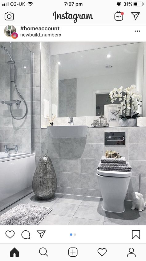 Bellway Bathroom, Grey En Suite Bathroom Ideas, Grey White And Silver Bathroom Decor, White Bathroom Grey Accessories, Grey White Ensuite, Grey And White Patterned Bathroom Tiles, Bathroom Ensuite Ideas, Bellway Homes, Bathroom Graffiti