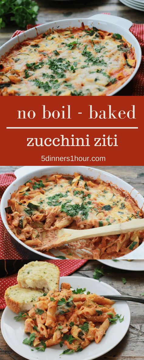 No boiling needed for this Baked Zucchini Pasta - We LOVE this recipe. So dang easy to make. | 5dinners1hour.com Zucchini Pasta Recipes, Baked Penne Pasta, 5 Dinners, Penne Pasta Recipes, Baked Penne, Pastas Recipes, Baked Zucchini, Bake Zucchini, Low Gi