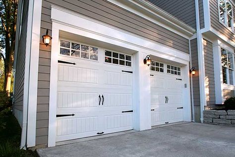 Clopay Garage Doors, Unique Garage Doors, Garage Door Trim, White Garage Doors, Carriage House Garage Doors, Garage Door House, White Garage, Carriage Garage Doors, Garage Door Windows