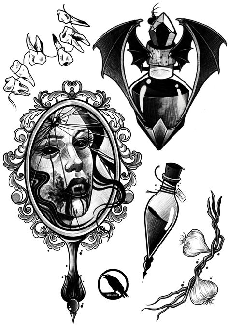 Vampire Theme Tattoo, Interview With The Vampire Tattoo Ideas, Vampiric Tattoos, Vampire Pinup Tattoo, Vampire Flash Tattoo, Vampire Aesthetic Tattoo, Tattoo Portfolio Ideas Drawings, Vampire Tattoo Ideas, Vampire Tattoos