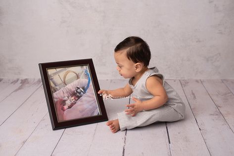 preemie first birthday photo frame, preemie first birthday Preemie First Birthday Photo, Preemie Picture Ideas, Preemie 1st Birthday Ideas, Nicu Baby Pictures Photo Ideas, Preemie First Birthday Ideas, Preemie Photoshoot, 30th Photoshoot, Premie Baby, Baby First Birthday Themes