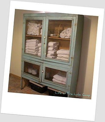 Love this for my bathroom linen cabinet - only need it about 1/2 as wide. Antique Farmhouse Bathroom, China Cabinet Display Ideas, Masterbathroom Ideas, Cabinet Linen Closet, Cabinet Display Ideas, Guest Bathroom Remodel Ideas, Vintage China Cabinet, Sewing Office, Clothing Armoire