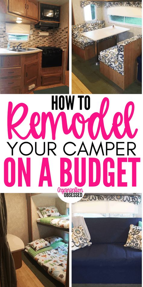 We remodeled our 2006 Forest River Wildwood camper on a budget! Check out how we remodeled our camper, reupholstered the camper cushions and gave it a fresh touch here! #camperremodel #camperupdate #camping Redoing A Camper On A Budget, Camper Glow Up, Remodeling Camper Ideas On A Budget, Vintage Camper Remodel Ideas, Forest River Travel Trailer Remodel, Redoing A Camper, Camper Interior Design Color Schemes, Old Camper Renovation On A Budget, Cheap Camper Remodel Ideas