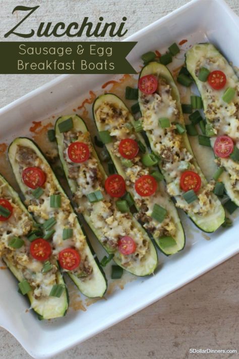 Sausage & Egg Zucchini Breakfast Boats - $5 Dinners | Recipes, Meal Plans, Coupons Egg Zucchini, Breakfast Boats, Egg Boats Recipe, Breakfast Meats, Cheese Zucchini, Egg Boats, Zucchini Breakfast, 5 Dinners, Easy Breakfasts