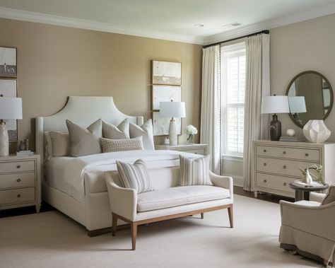 A neutral bedroom with a king-size bed, beige walls, nightstands, a dresser with a mirror, a beige chair with a table, and a beige rug. King Size Bed Master Bedrooms, White King Size Bed, Neutral Bedroom Design, Cozy Seating Area, Beige Bedroom Decor, Neutral Bedroom Decor, Minimal Bedroom, Beige Bedroom, White Headboard