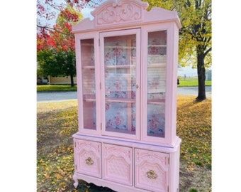 Meant2BeMineTwo | Etsy Pink China Cabinet, China Hutch Display, Clothing Armoire, Wooden Almirah, Pink Floral Background, Butterfly Bedroom, Painted End Tables, Painted Armoire, Pink China