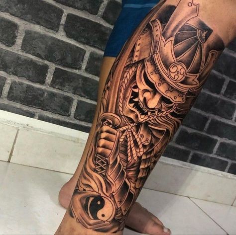 Samurai Tattoo Sleeve, Leg Sleeve Tattoos, Japanese Tattoos For Men, Gladiator Tattoo, Leg Tattoo Ideas, Oni Tattoo, Dragon Tattoos For Men, Chicano Tattoos Sleeve, Shin Tattoo