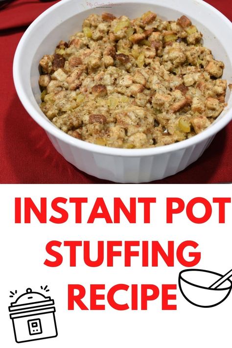 Learn how to make homemade stuffing recipe in the Instant Pot. Our dressing is made with a stuffing mix, celery, onions, chicken broth, and cooked in the pressure cooker. Save space in the oven by making stuffing in the Istant Pot. Moist Stuffing Recipe, Turkey Dressing Casserole, Instant Pot Stuffing, Turkey Dressing Recipe, Traditional Stuffing Recipe, Homemade Stuffing Recipes, Easy Stuffing Recipe, Vegetarian Stuffing, Traditional Dressing